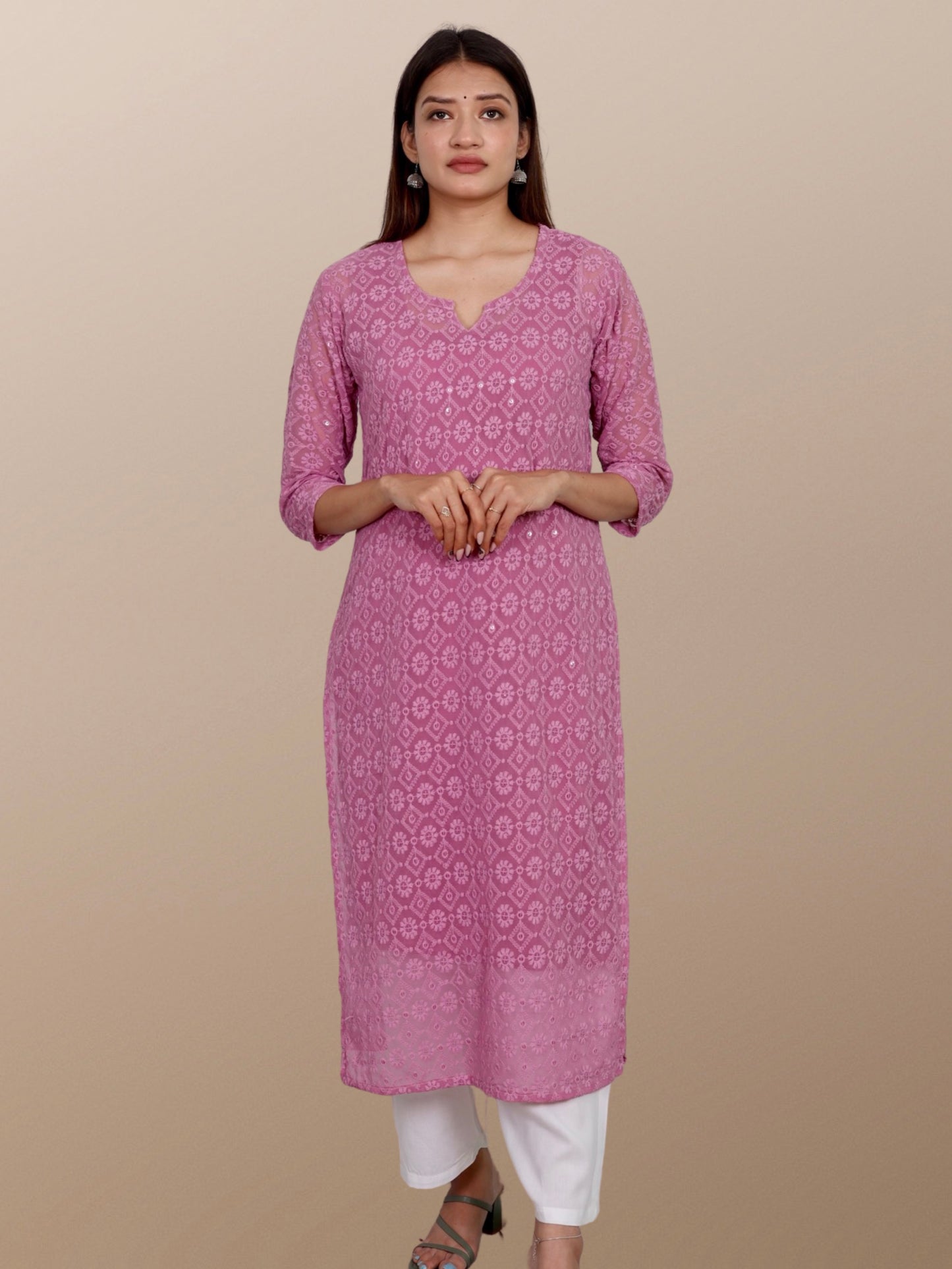 Plus Size Chikan Embroidery Georgette Kurta with Attached Slip