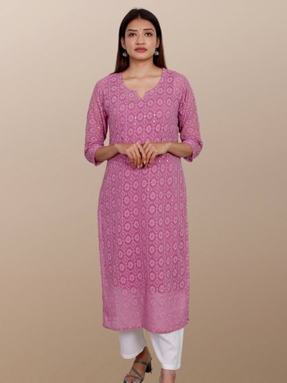 Plus Size Chikan Embroidery Georgette Kurta with Attached Slip