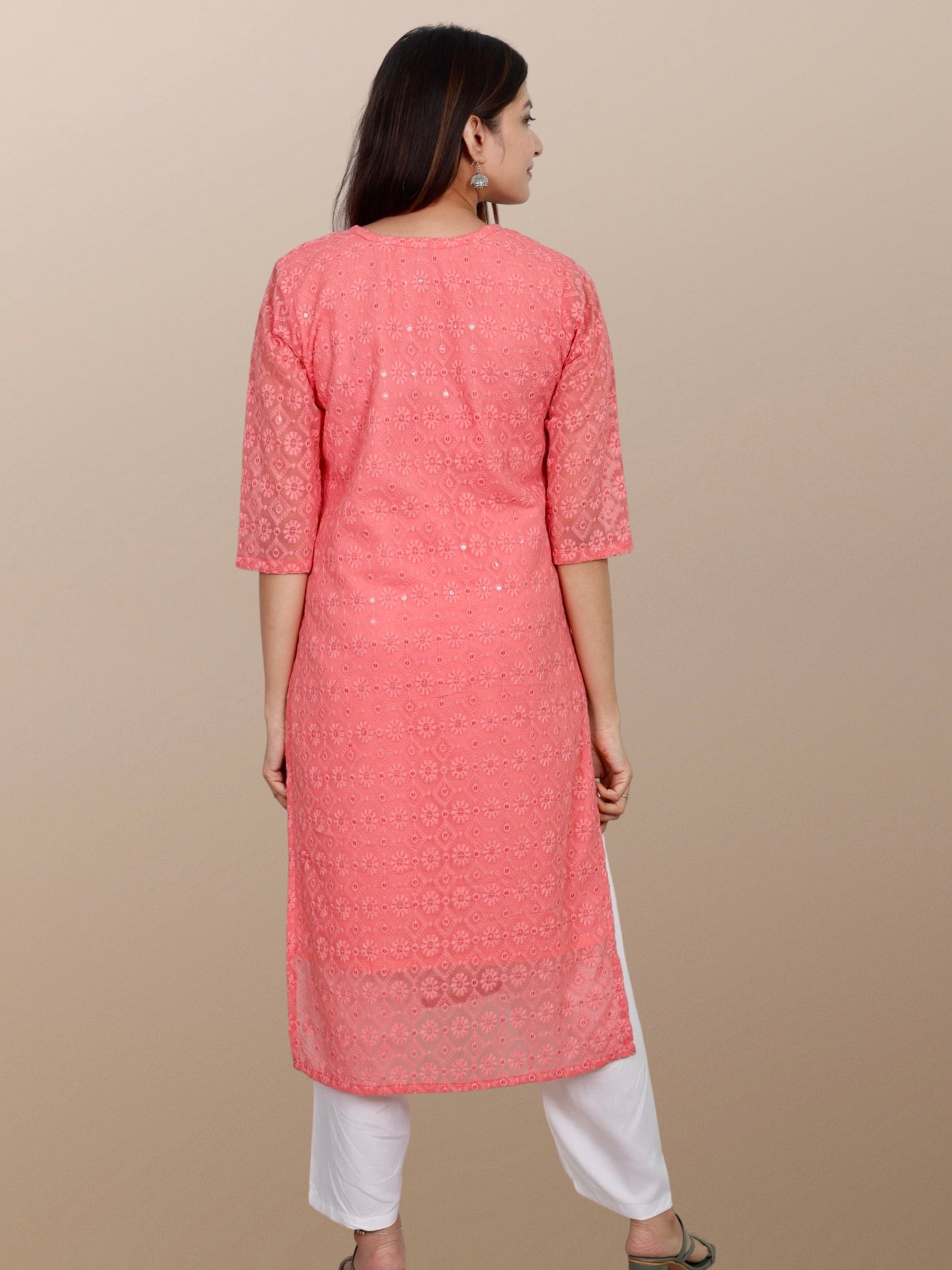 Plus Size Chikan Embroidery Georgette Kurta with Attached Slip