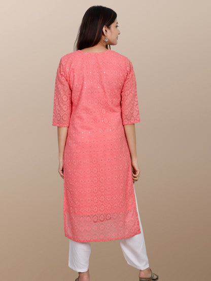 Plus Size Chikan Embroidery Georgette Kurta with Attached Slip