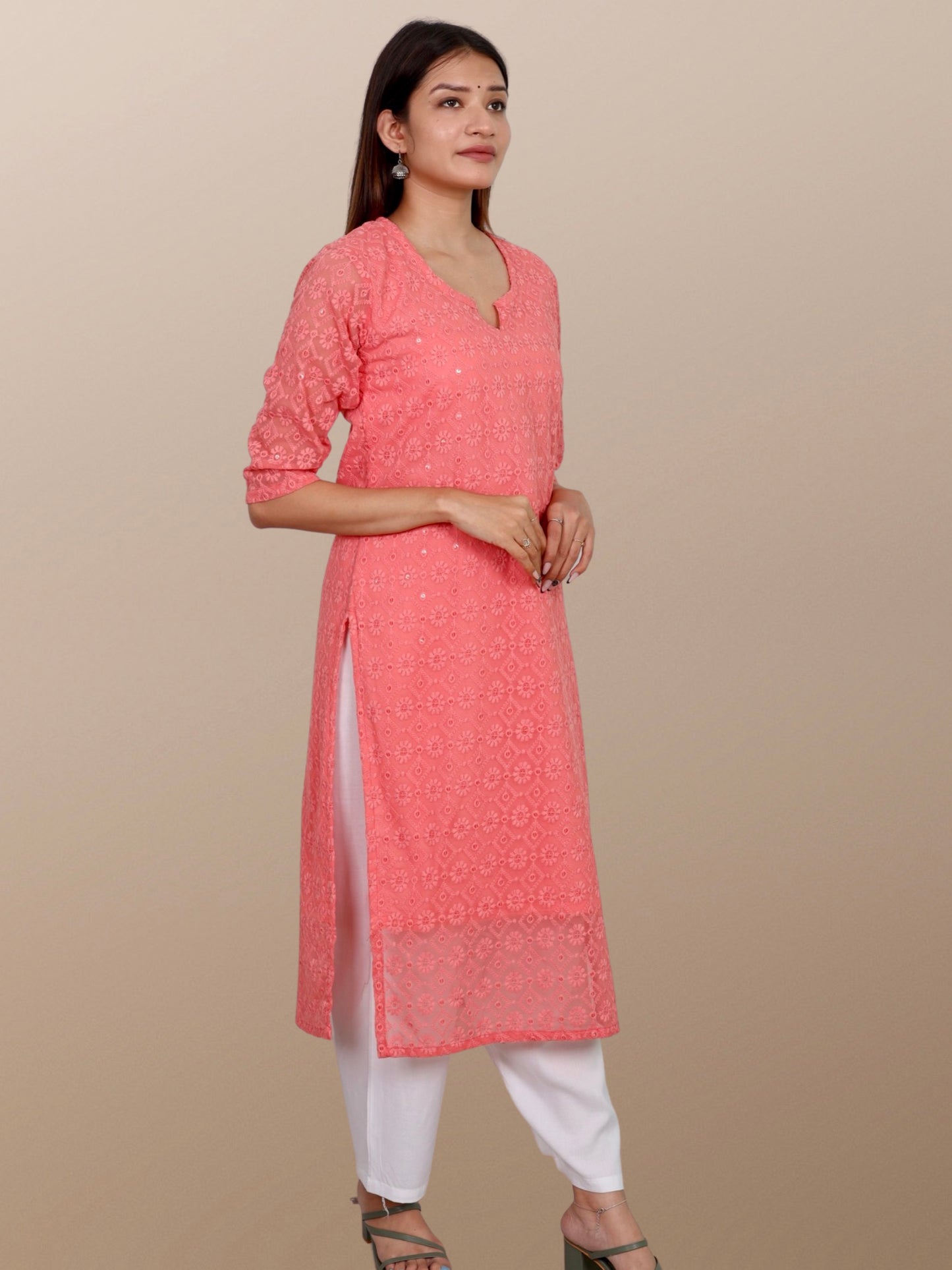 Plus Size Chikan Embroidery Georgette Kurta with Attached Slip