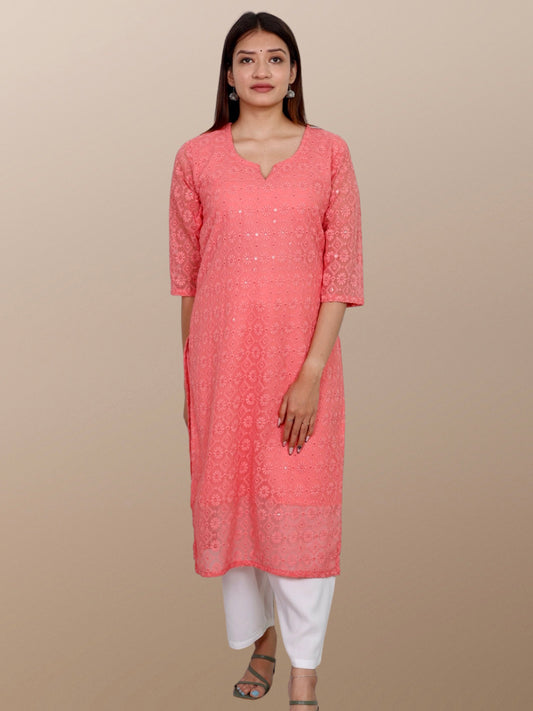 Plus Size Chikan Embroidery Georgette Kurta with Attached Slip