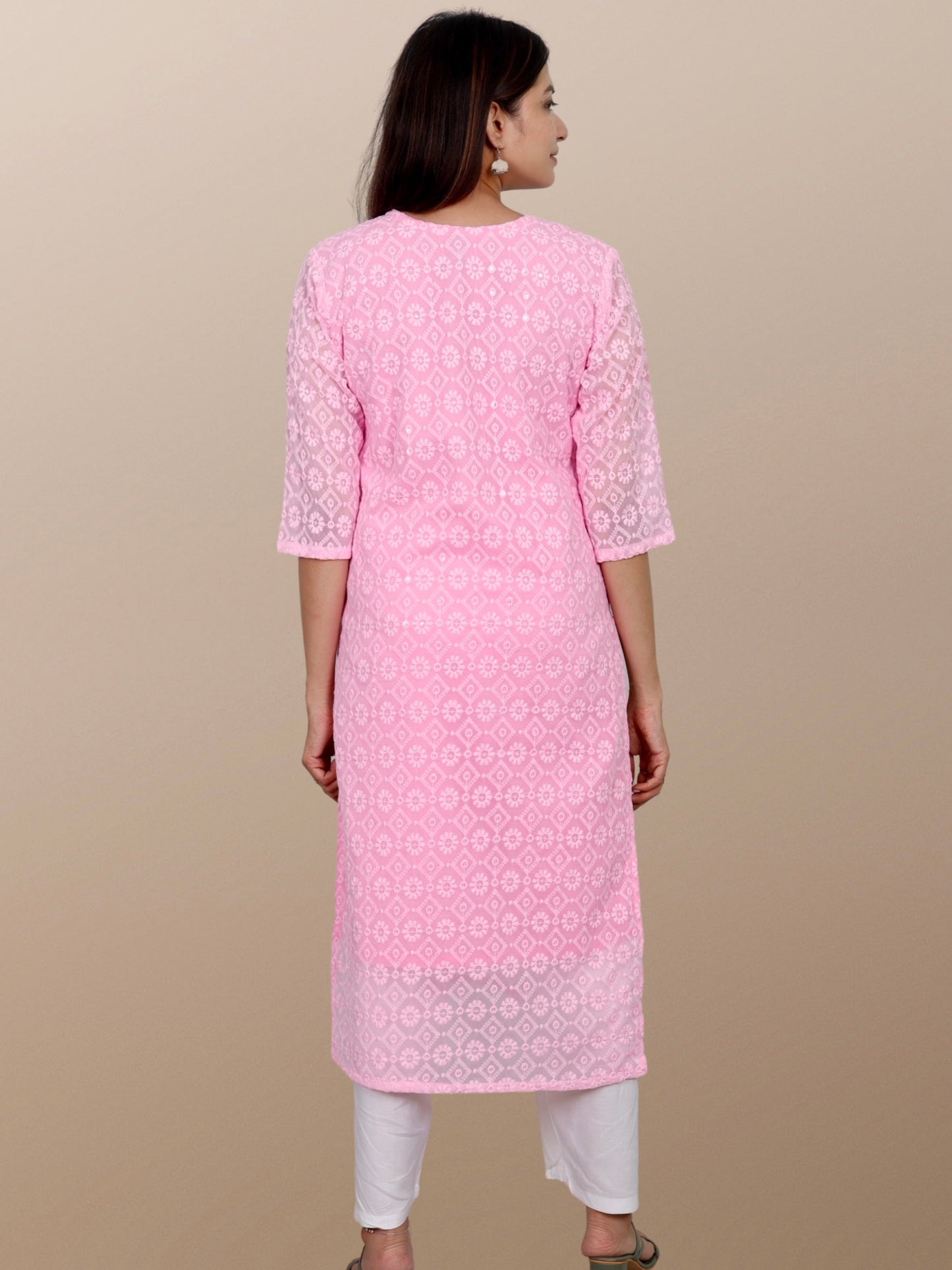 Plus Size Chikan Embroidery Georgette Kurta with Attached Slip Pink