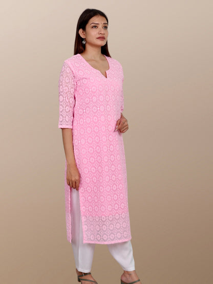 Plus Size Chikan Embroidery Georgette Kurta with Attached Slip Pink