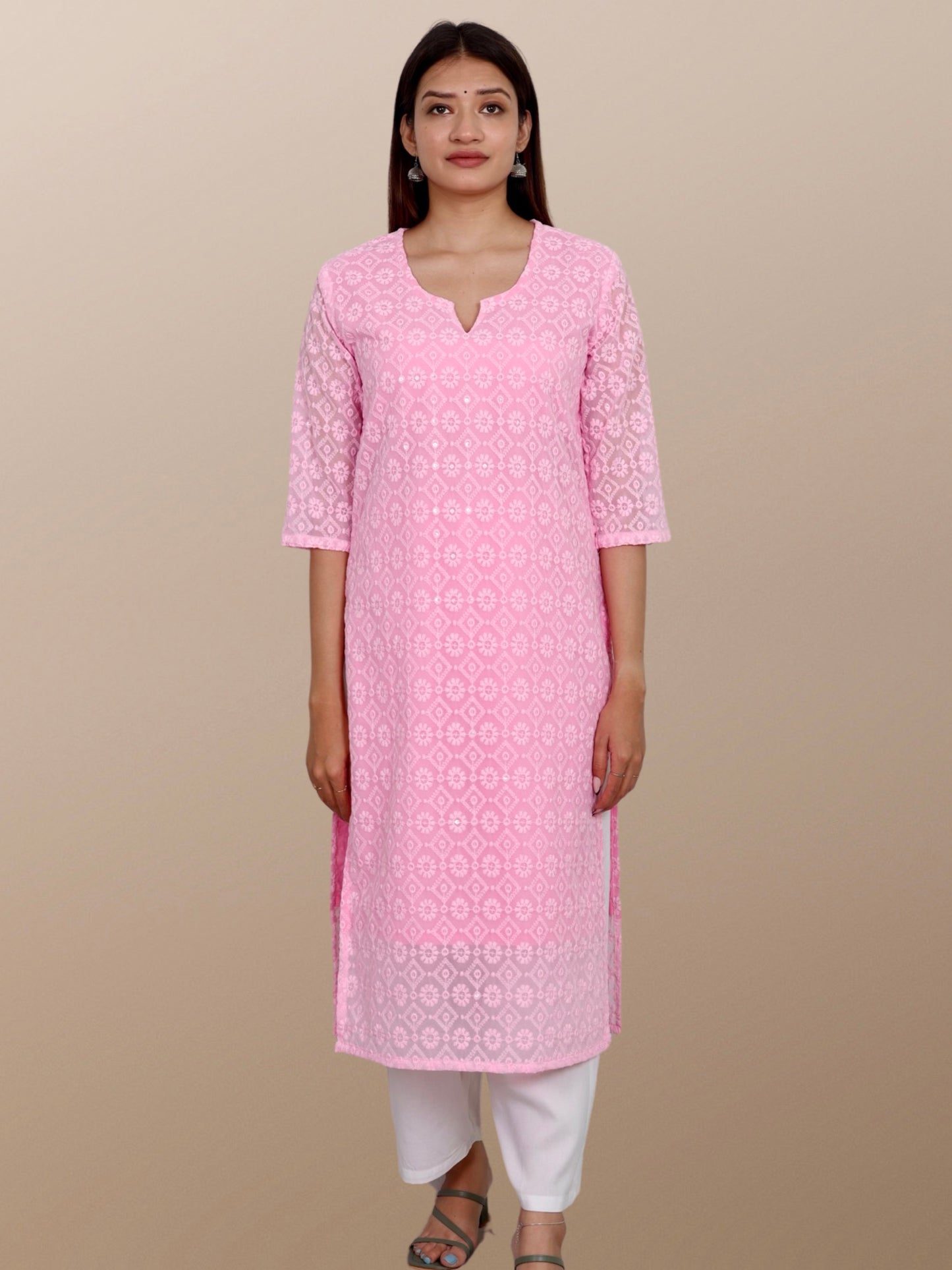 Plus Size Chikan Embroidery Georgette Kurta with Attached Slip Pink