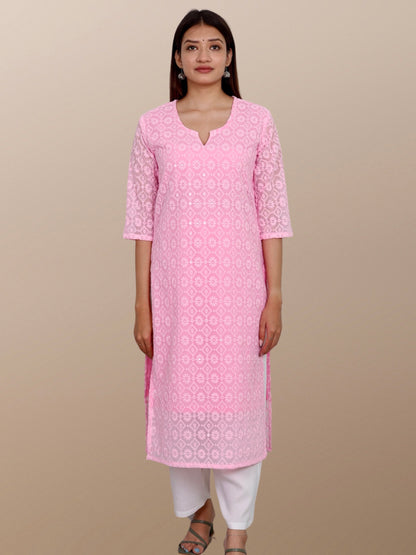 Plus Size Chikan Embroidery Georgette Kurta with Attached Slip Pink