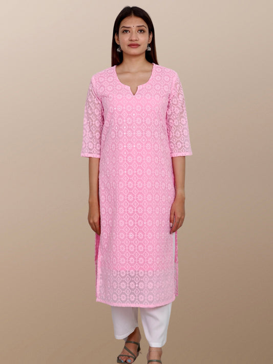 Plus Size Chikan Embroidery Georgette Kurta with Attached Slip Pink