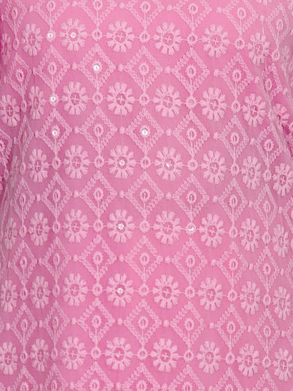 Plus Size Chikan Embroidery Georgette Kurta with Attached Slip Pink