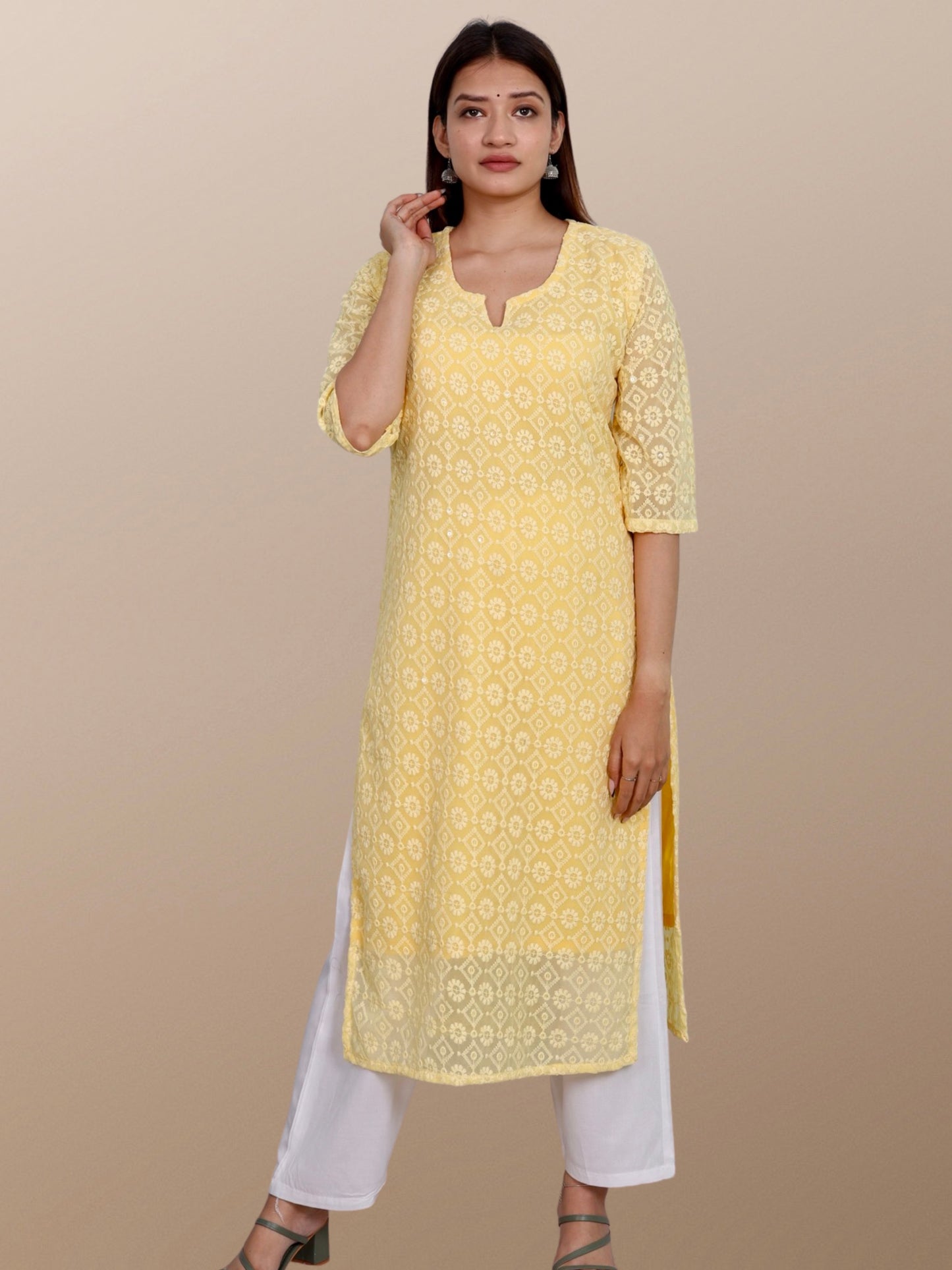 Plus Size Chikan Embroidery Georgette Kurta with Attached Slip Yellow