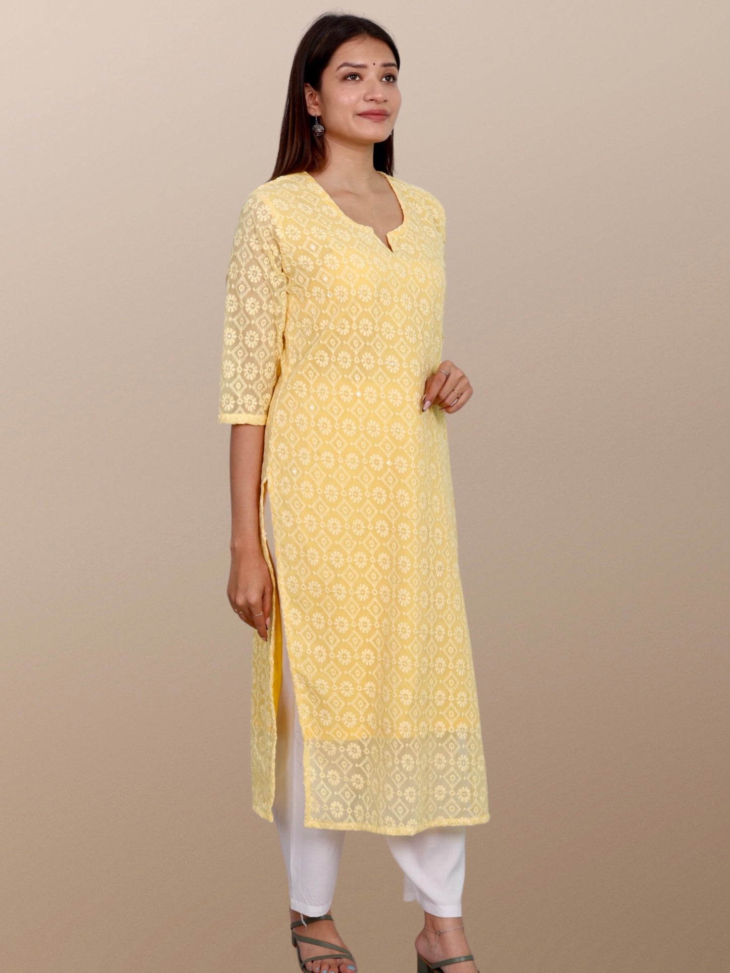 Plus Size Chikan Embroidery Georgette Kurta with Attached Slip Yellow