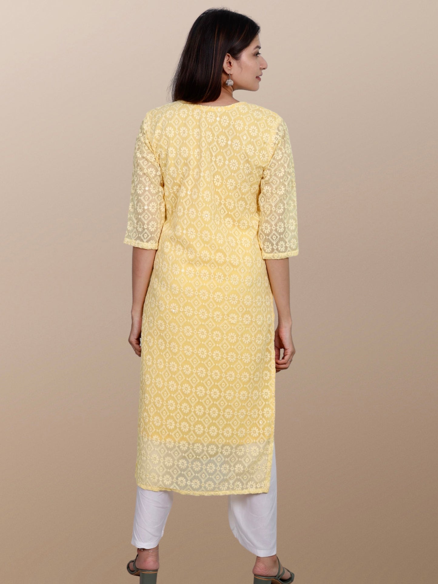 Plus Size Chikan Embroidery Georgette Kurta with Attached Slip Yellow