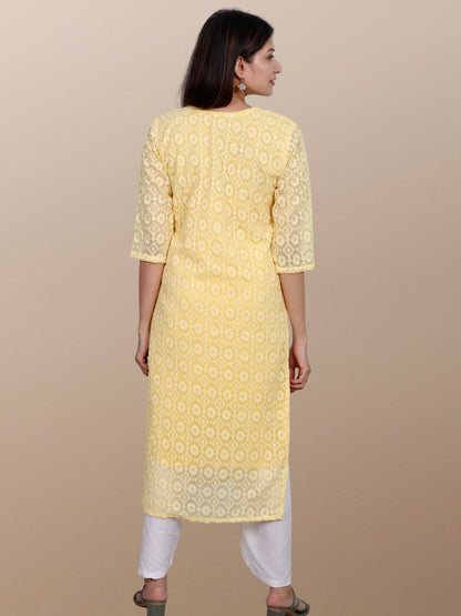 Plus Size Chikan Embroidery Georgette Kurta with Attached Slip Yellow