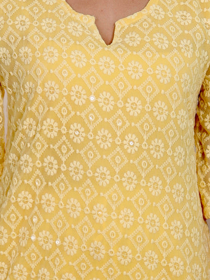 Plus Size Chikan Embroidery Georgette Kurta with Attached Slip Yellow