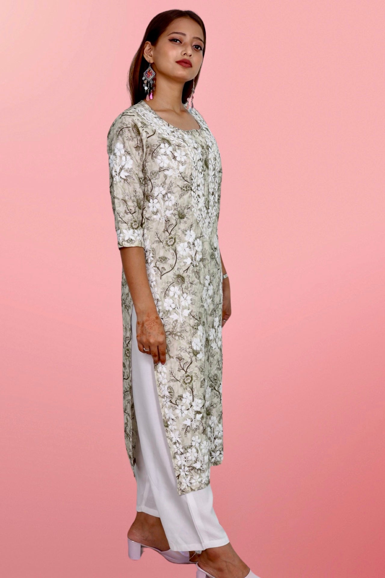 Plus Size Lucknowi Chikankari Hand Embroidered Printed Straight Kurta Kurti for Women