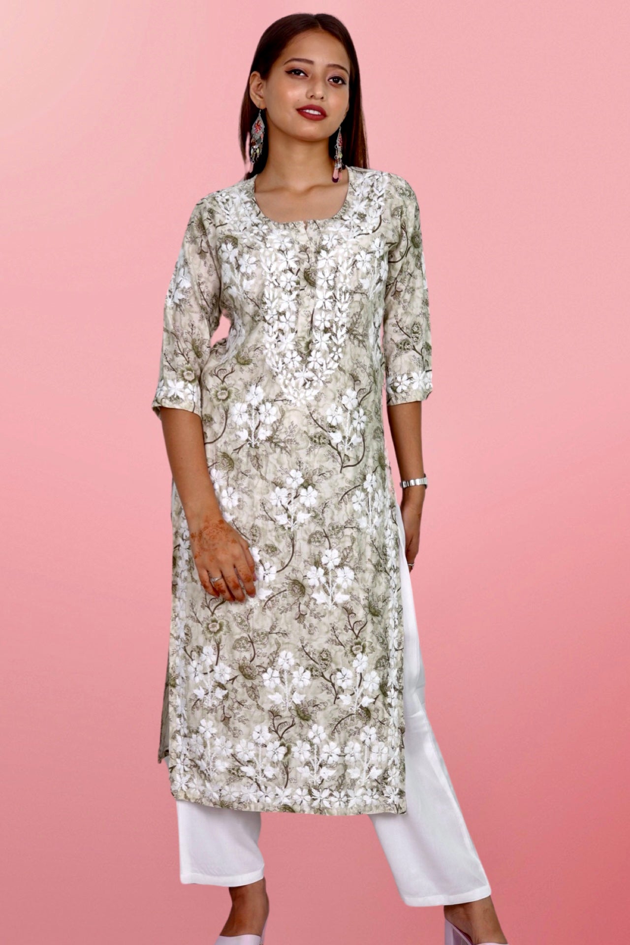 Plus Size Lucknowi Chikankari Hand Embroidered Printed Straight Kurta Kurti for Women