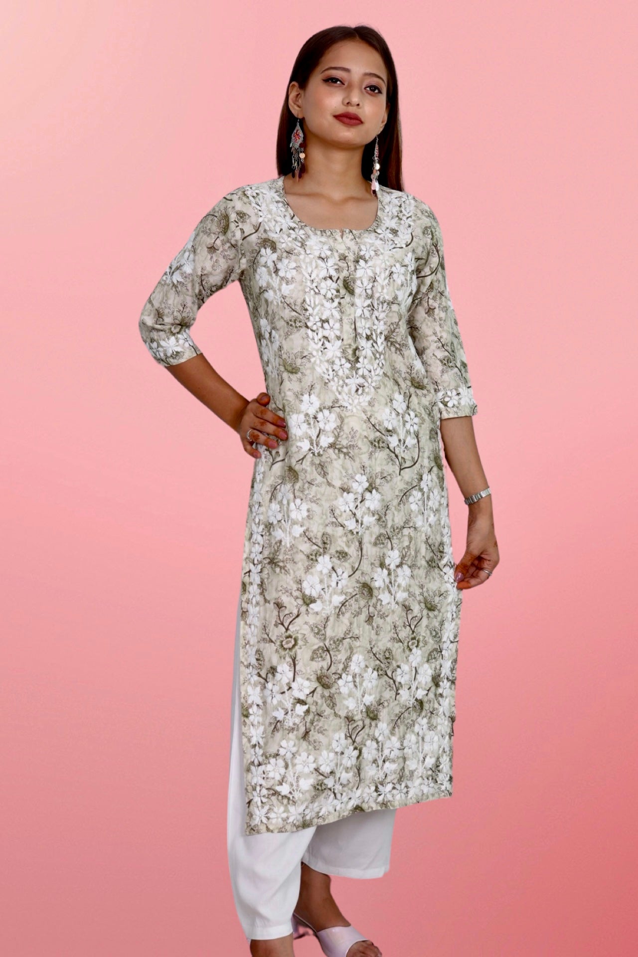 Plus Size Lucknowi Chikankari Hand Embroidered Printed Straight Kurta Kurti for Women