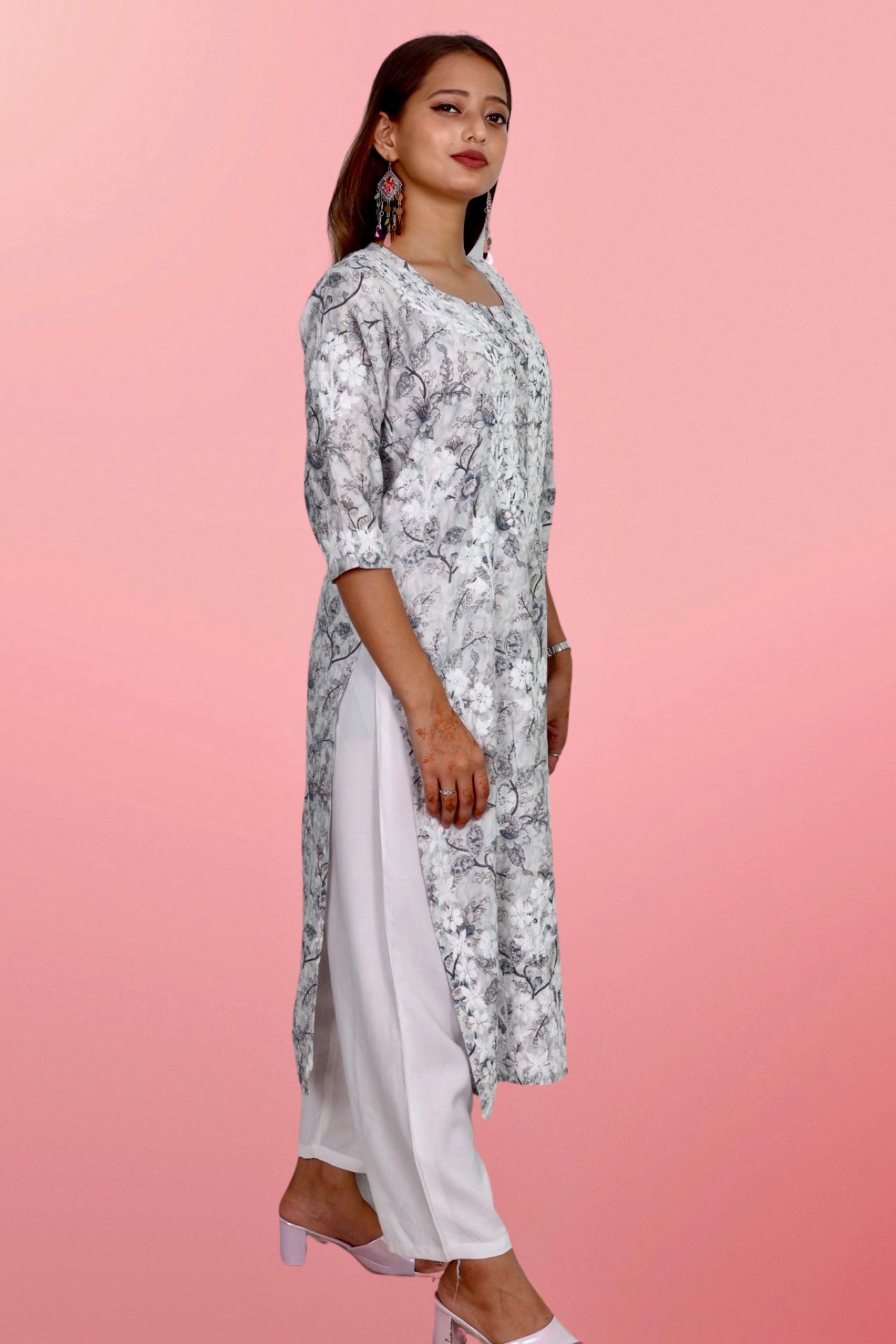 Plus Size Lucknowi Chikankari Hand Embroidered Printed Straight Kurta Kurti for Women