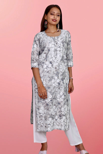 Plus Size Lucknowi Chikankari Hand Embroidered Printed Straight Kurta Kurti for Women