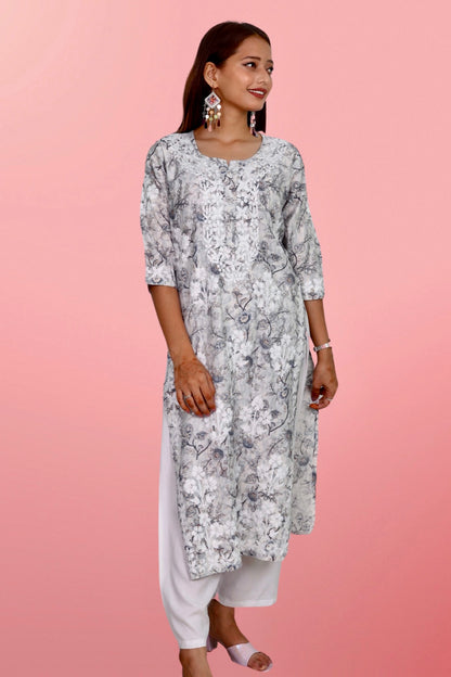 Plus Size Lucknowi Chikankari Hand Embroidered Printed Straight Kurta Kurti for Women