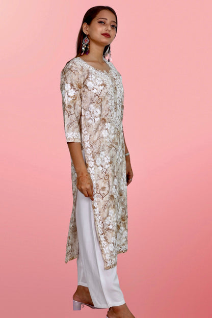 Plus Size Lucknowi Chikankari Hand Embroidered Printed Straight Kurta Kurti for Women