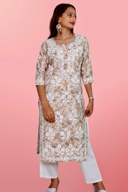 Plus Size Lucknowi Chikankari Hand Embroidered Printed Straight Kurta Kurti for Women