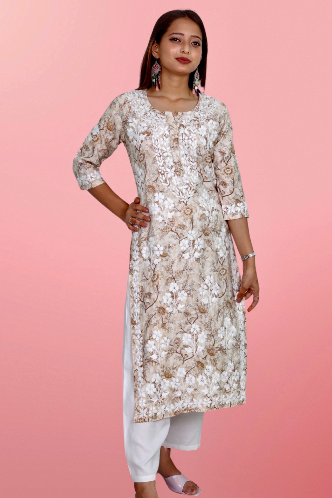 Plus Size Lucknowi Chikankari Hand Embroidered Printed Straight Kurta Kurti for Women