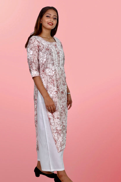 Plus Size Lucknowi Chikankari Hand Embroidered Printed Straight Kurta Kurti for Women