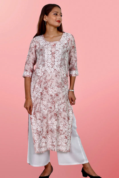 Plus Size Lucknowi Chikankari Hand Embroidered Printed Straight Kurta Kurti for Women