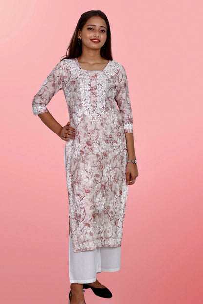 Plus Size Lucknowi Chikankari Hand Embroidered Printed Straight Kurta Kurti for Women