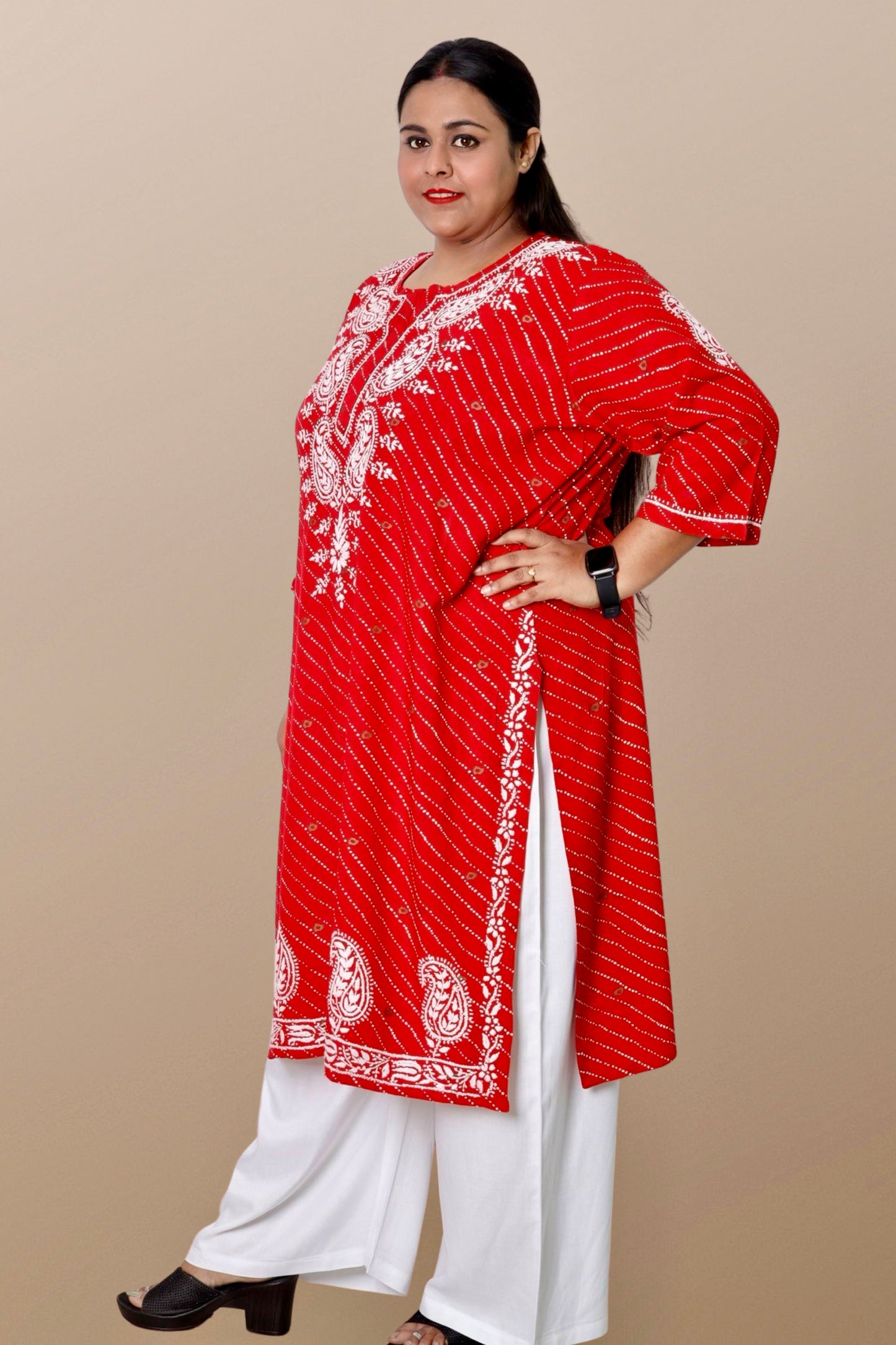 Plus Size Lucknowi Chikankari Hand Embroidered Printed Straight Kurta Kurti for Women