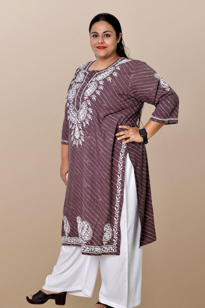 Plus Size Lucknowi Chikankari Hand Embroidered Printed Straight Kurta Kurti for Women