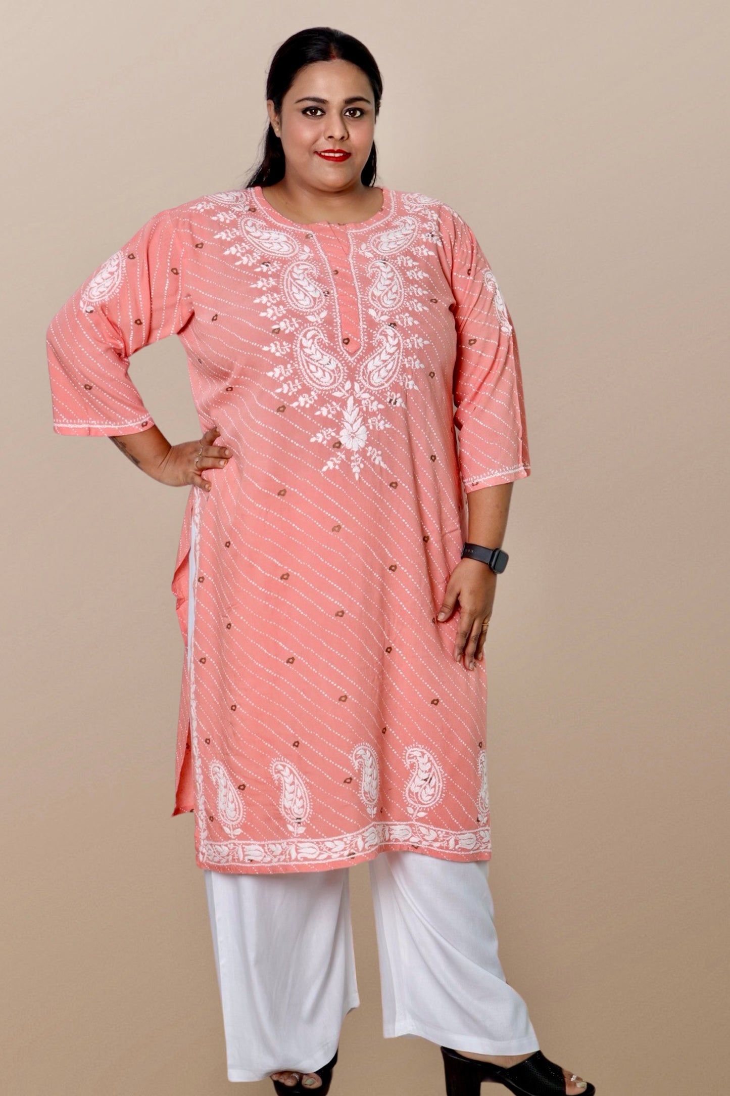 Plus Size Lucknowi Chikankari Hand Embroidered Printed Straight Kurta Kurti for Women