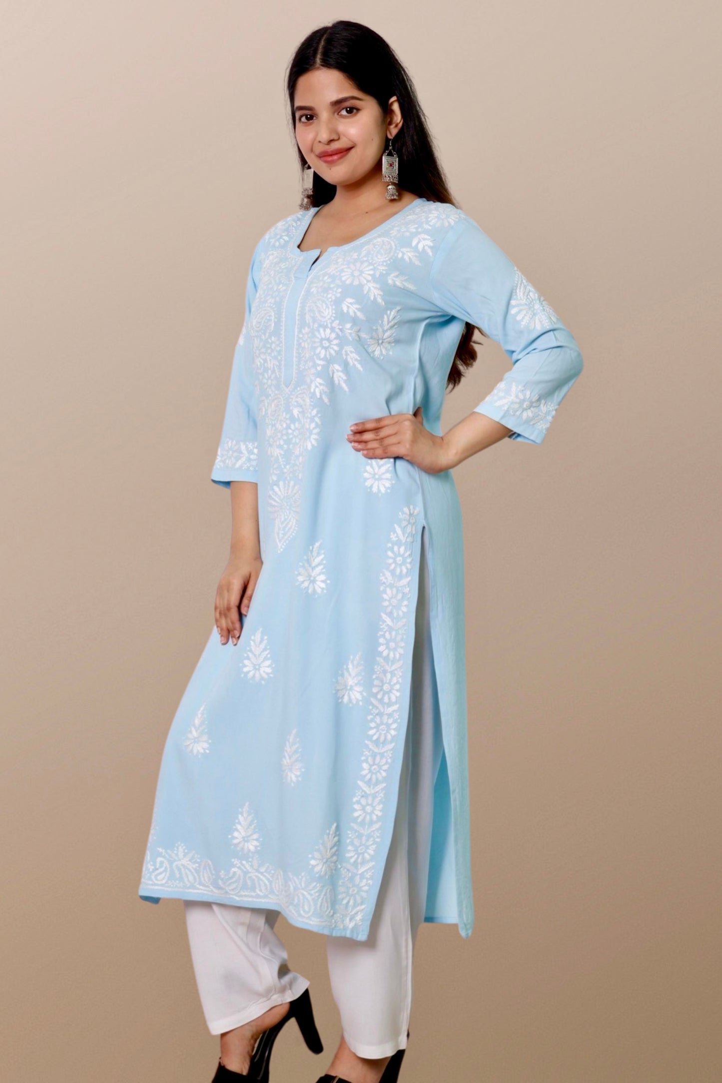 Plus Size Lucknowi Chikankari Hand Embroidered Rayon Straight Kurta Kurti for Women