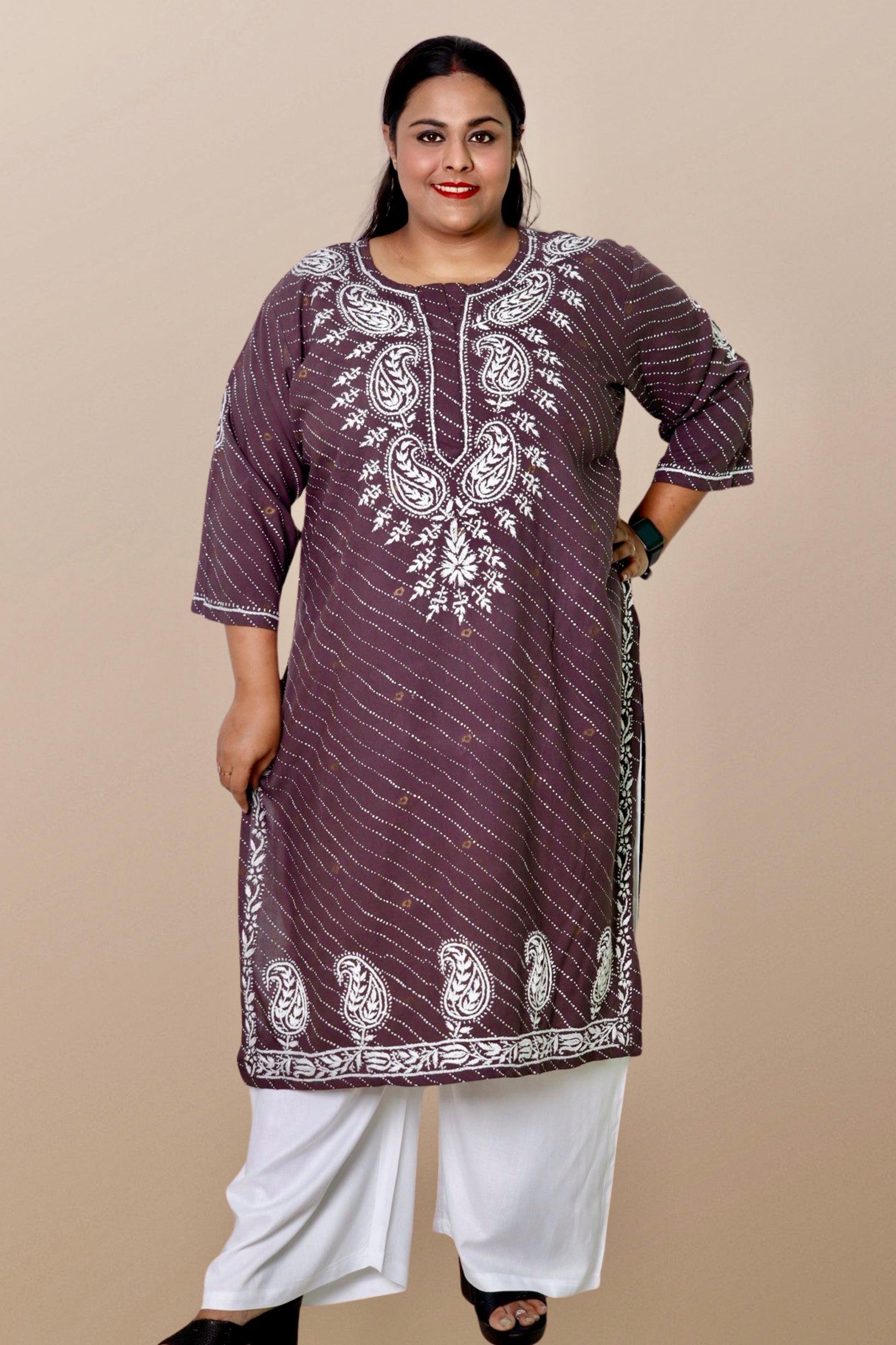 Plus Size Lucknowi Chikankari Hand Embroidered Printed Straight Kurta Kurti for Women - Elegant and stylish women's kurta with intricate hand embroidery, perfect for any occasion.