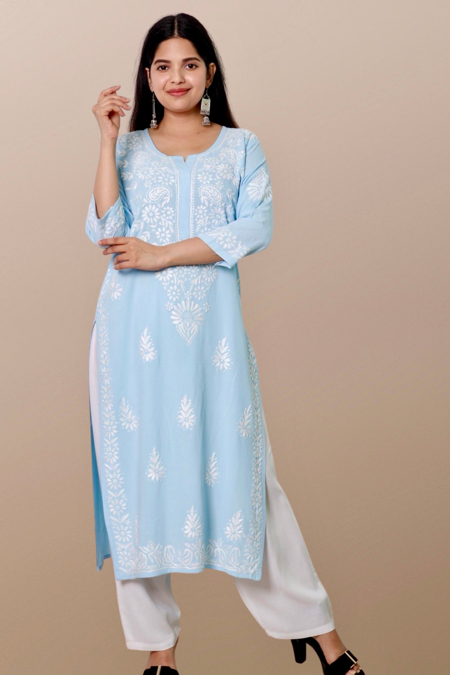 Plus Size Lucknowi Chikankari Hand Embroidered Rayon Straight Kurta Kurti for Women