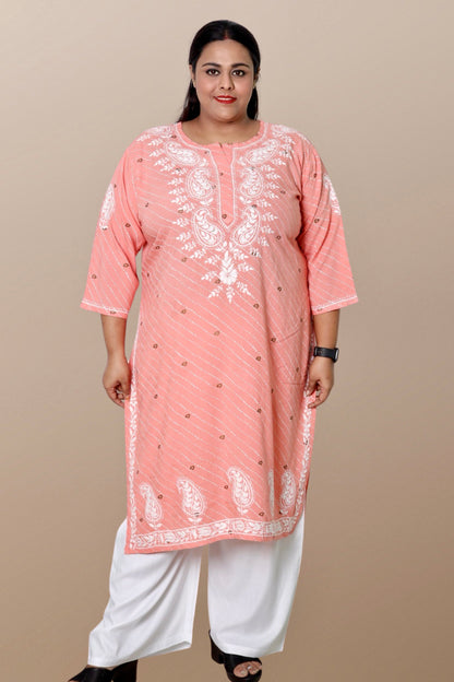 Plus Size Lucknowi Chikankari Hand Embroidered Printed Straight Kurta Kurti for Women - Elegant and stylish women's kurta with intricate hand embroidery, perfect for any occasion.