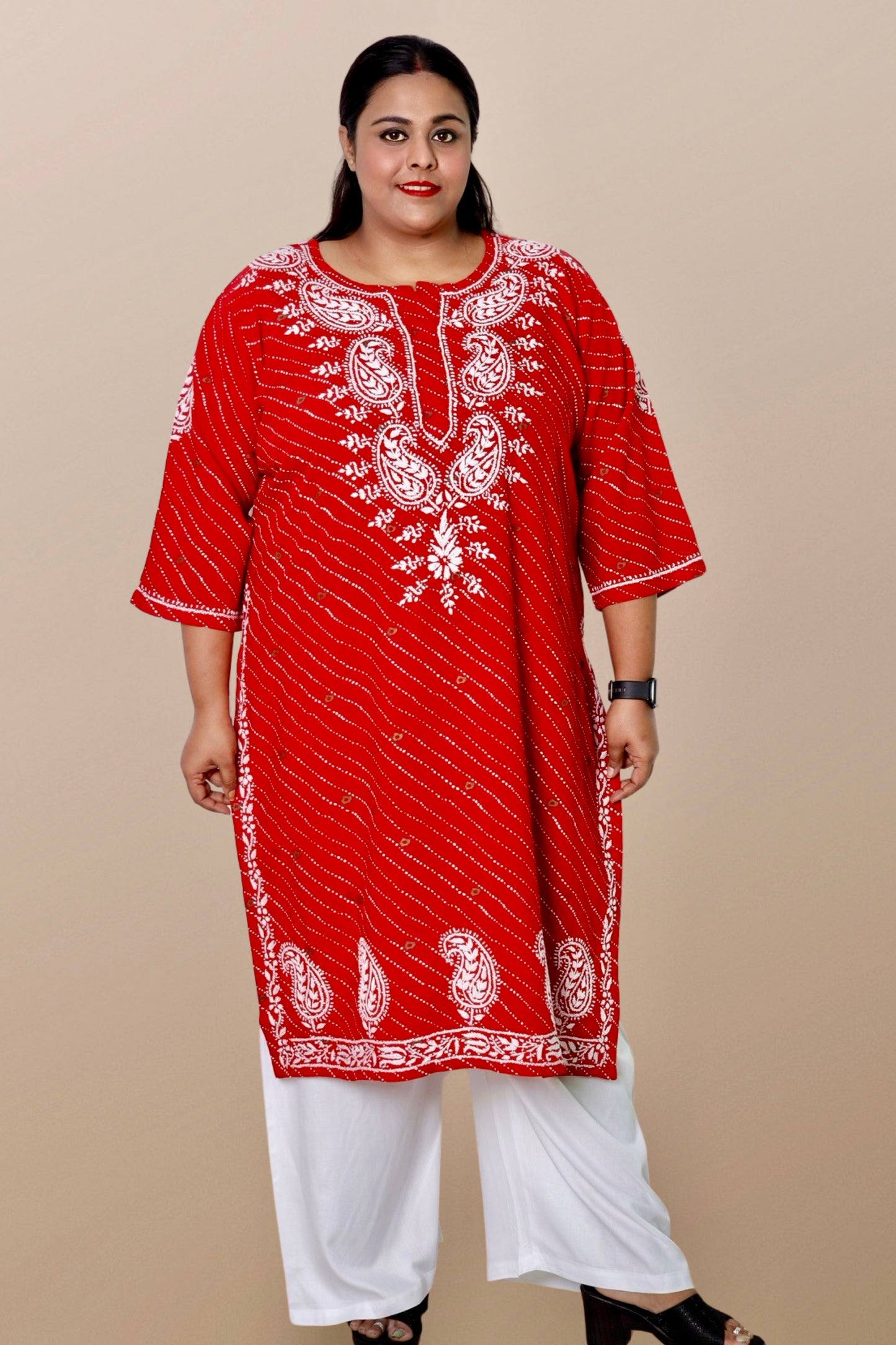 Plus Size Lucknowi Chikankari Hand Embroidered Printed Straight Kurta Kurti for Women