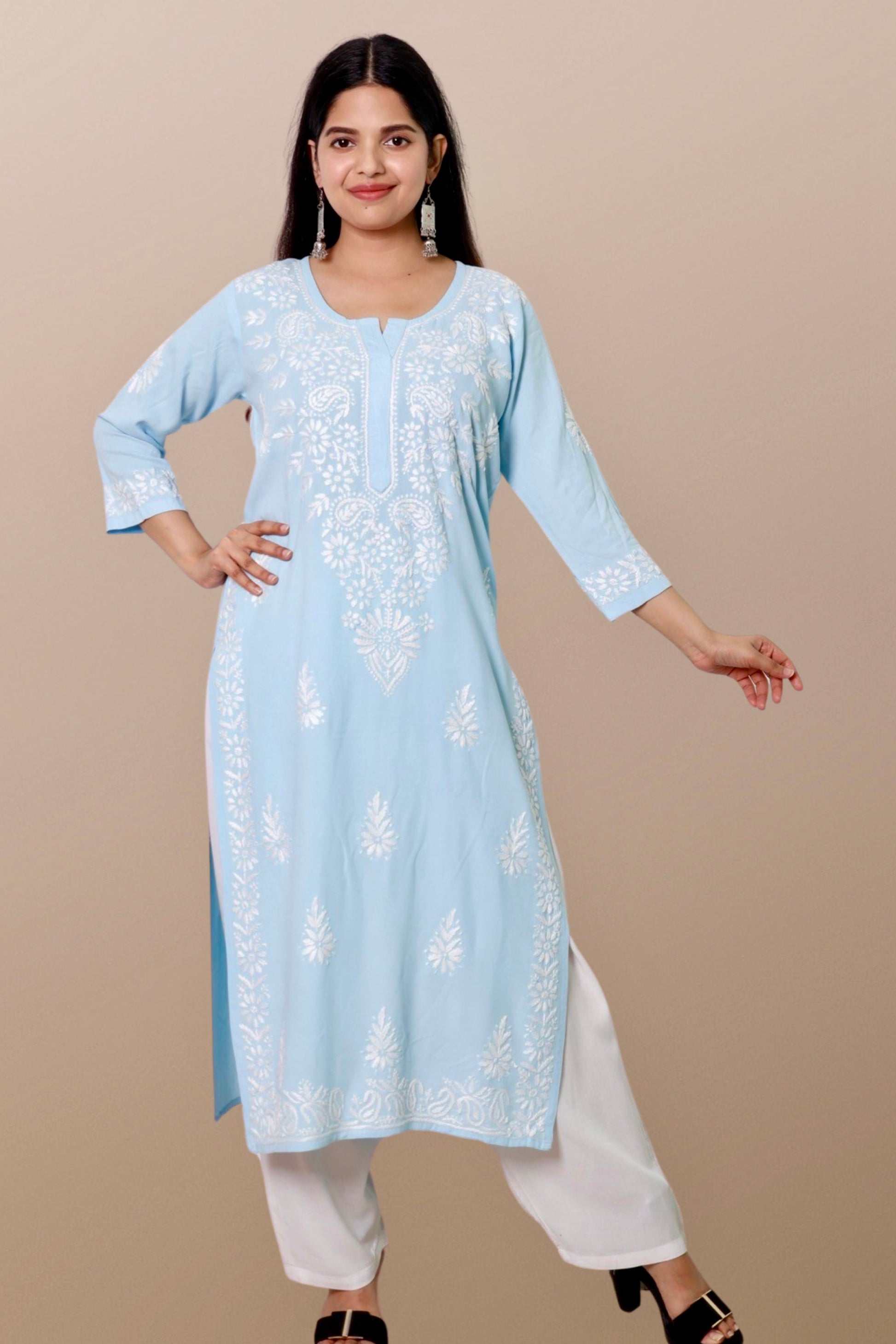 Plus Size Lucknowi Chikankari Hand Embroidered Printed Straight Kurta Kurti for Women - Elegant and stylish women's kurta with intricate hand embroidery, perfect for any occasion.