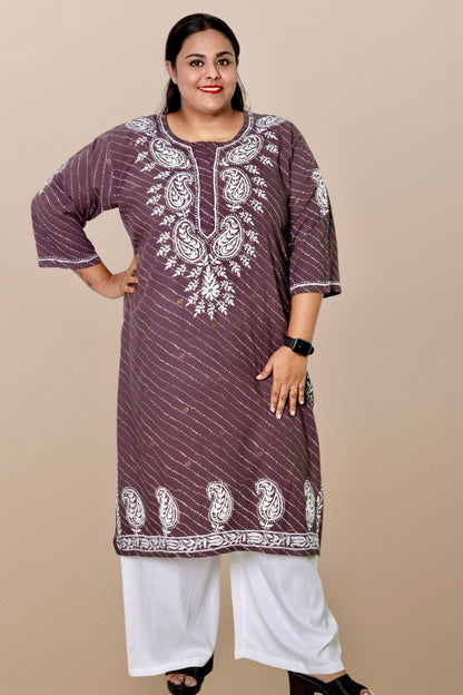 Plus Size Lucknowi Chikankari Hand Embroidered Printed Straight Kurta Kurti for Women