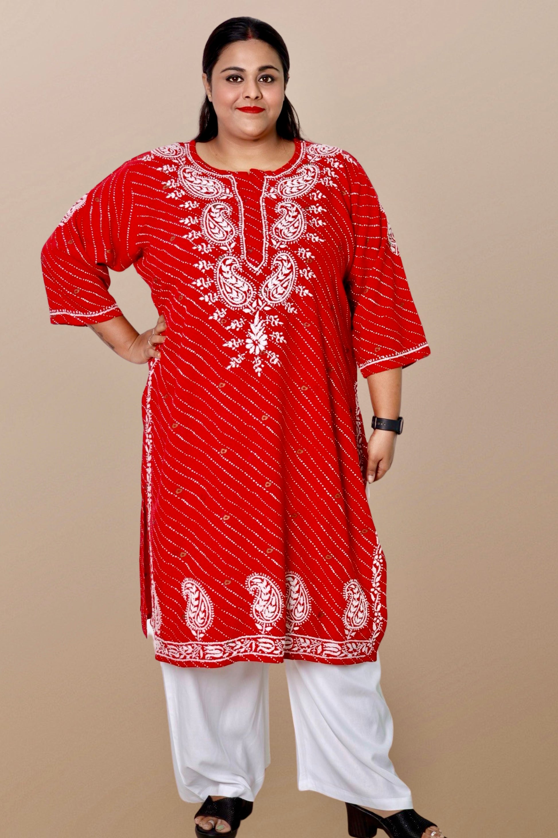 Plus Size Lucknowi Chikankari Hand Embroidered Printed Straight Kurta Kurti for Women - Elegant and stylish women's kurta with intricate hand embroidery, perfect for any occasion.