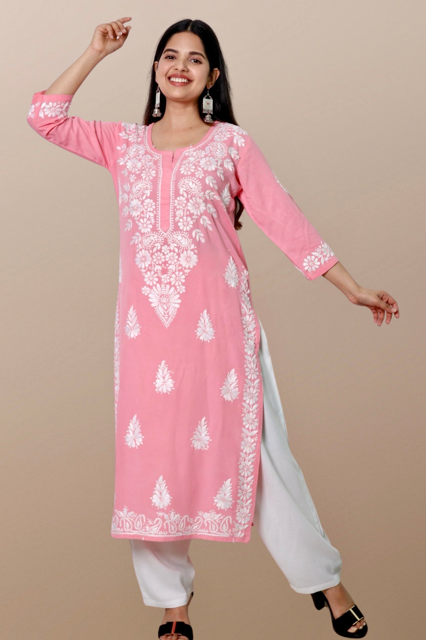 Plus Size Lucknowi Chikankari Hand Embroidered Rayon Straight Kurta Kurti for Women