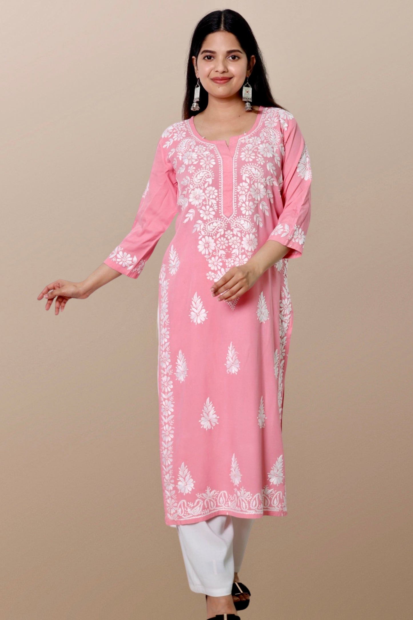 Plus Size Lucknowi Chikankari Hand Embroidered Rayon Straight Kurta Kurti for Women