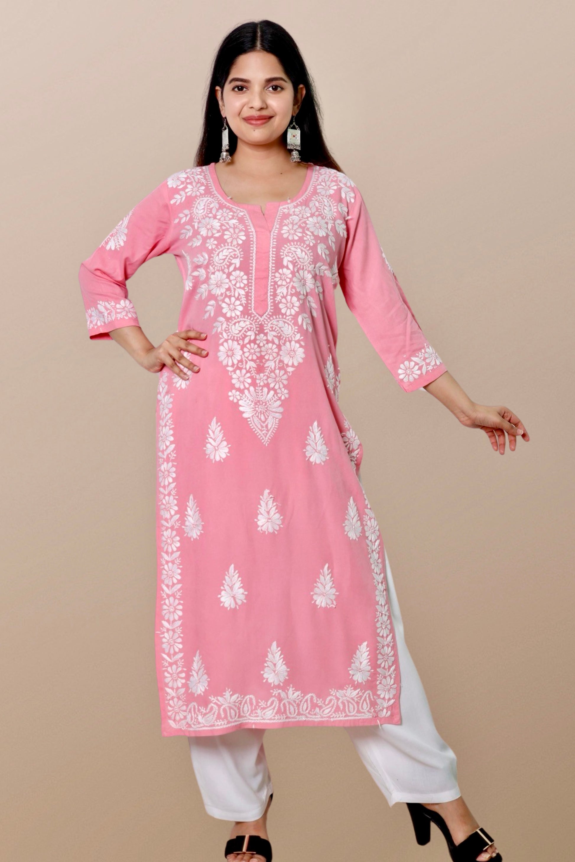 Plus Size Lucknowi Chikankari Hand Embroidered Printed Straight Kurta Kurti for Women - Elegant and stylish women's kurta with intricate hand embroidery, perfect for any occasion.