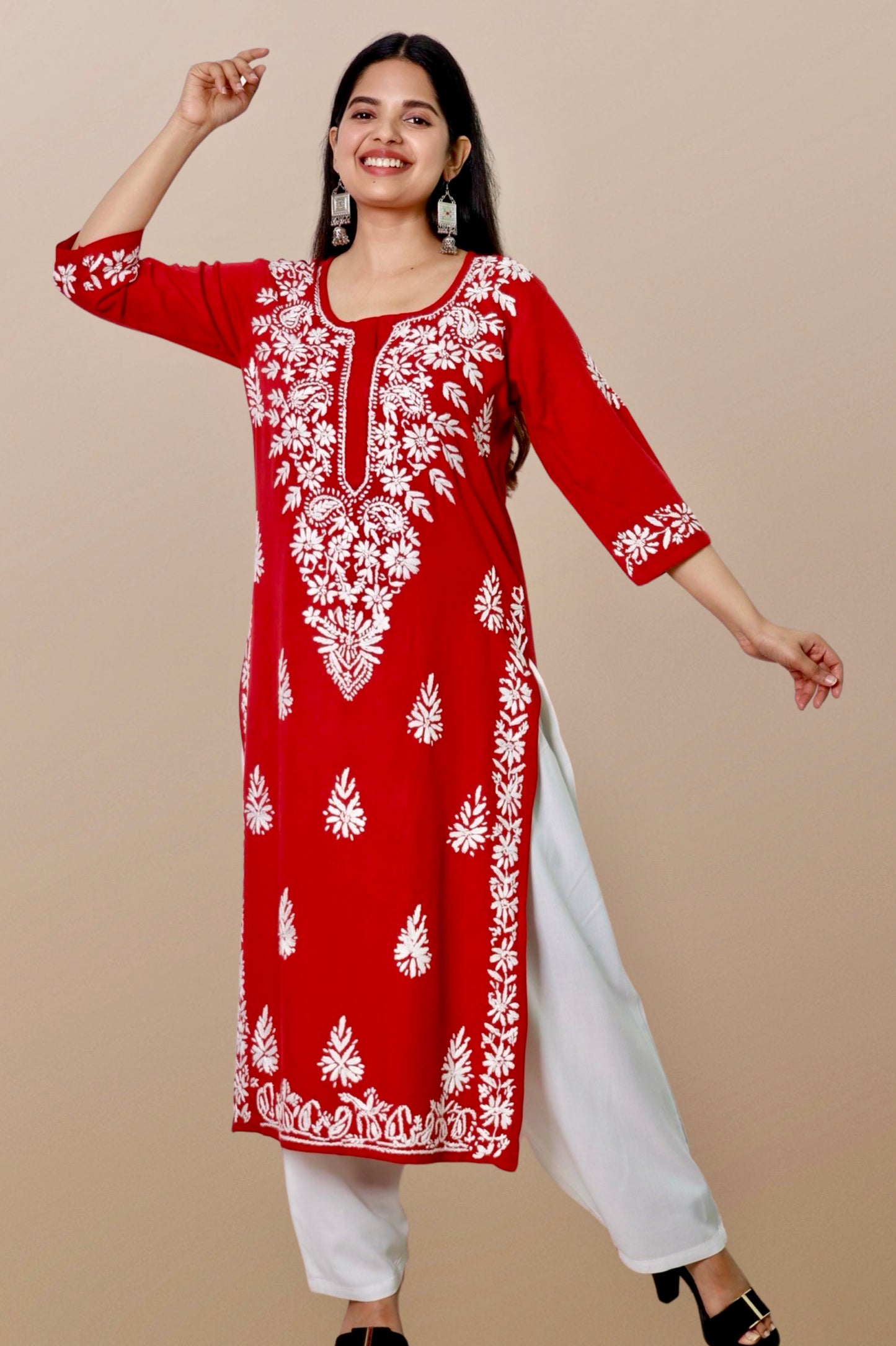 Plus Size Lucknowi Chikankari Hand Embroidered Rayon Straight Kurta Kurti for Women