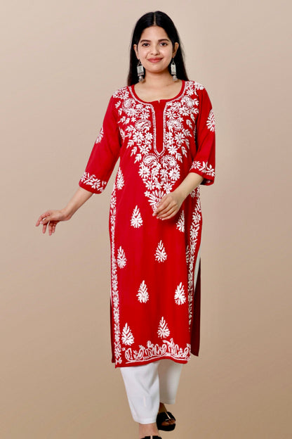 Plus Size Lucknowi Chikankari Hand Embroidered Rayon Straight Kurta Kurti for Women