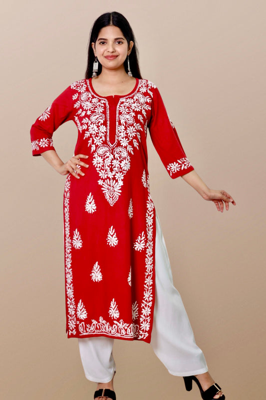 Plus Size Lucknowi Chikankari Hand Embroidered Printed Straight Kurta Kurti for Women - Elegant and stylish women's kurta with intricate hand embroidery, perfect for any occasion.