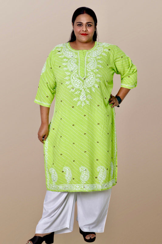 Plus Size Lucknowi Chikankari Hand Embroidered Printed Straight Kurta Kurti for Women - Elegant and stylish women's kurta with intricate hand embroidery, perfect for any occasion.