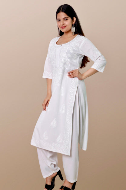 Plus Size Lucknowi Chikankari Hand Embroidered Rayon Straight Kurta Kurti for Women