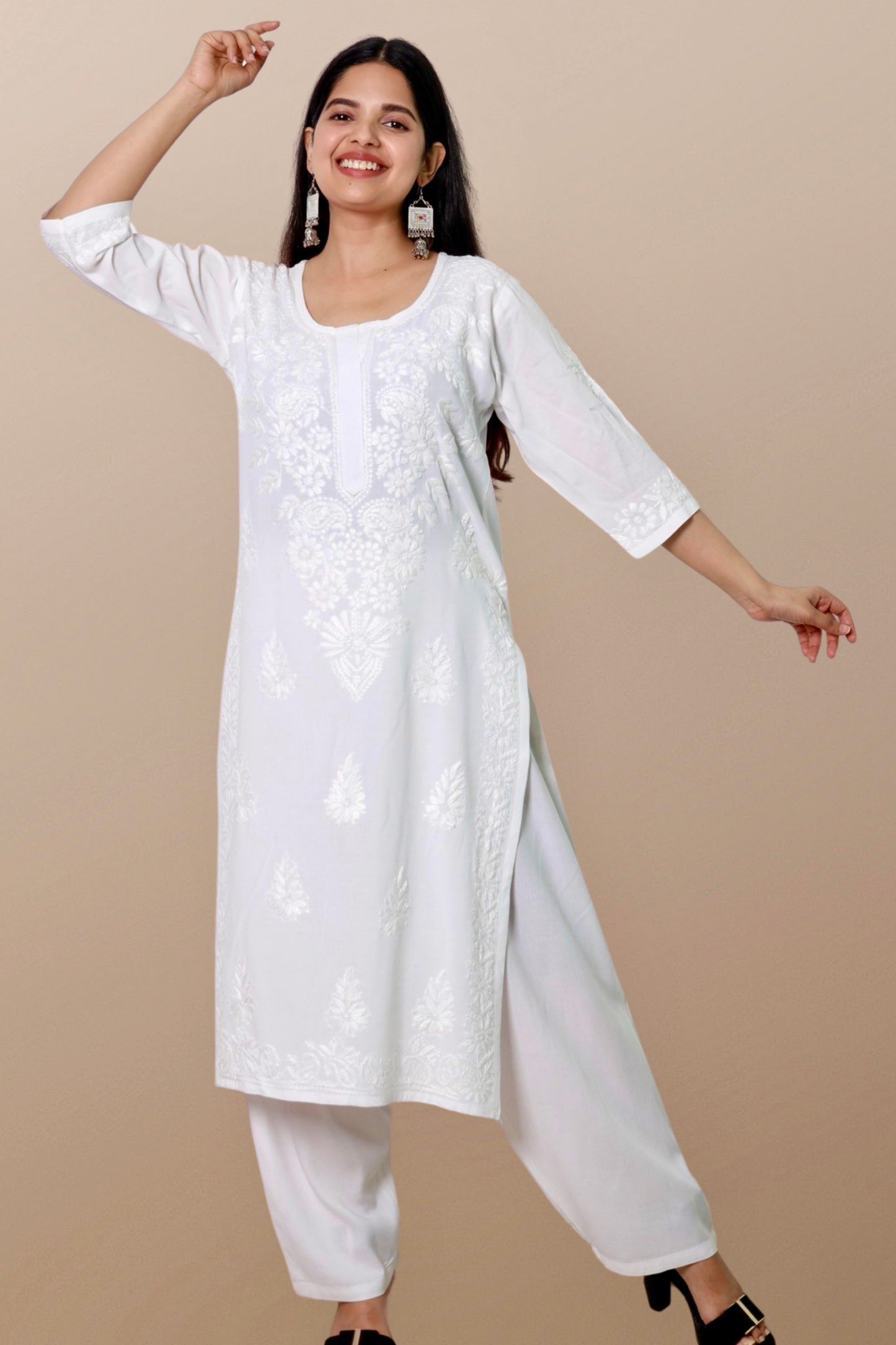 Plus Size Lucknowi Chikankari Hand Embroidered Rayon Straight Kurta Kurti for Women