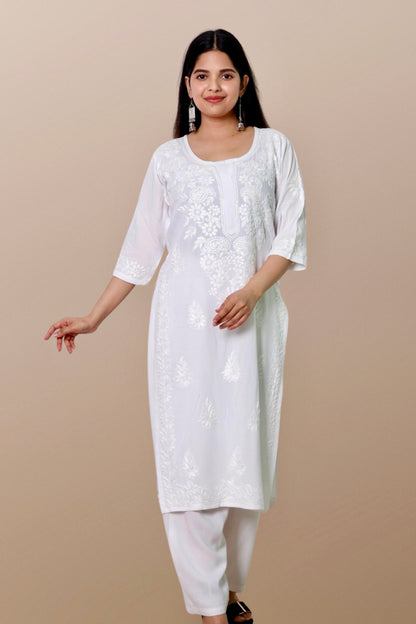 Plus Size Lucknowi Chikankari Hand Embroidered Rayon Straight Kurta Kurti for Women